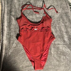 Red One-Piece Swimsuit with Tied Waist Detail